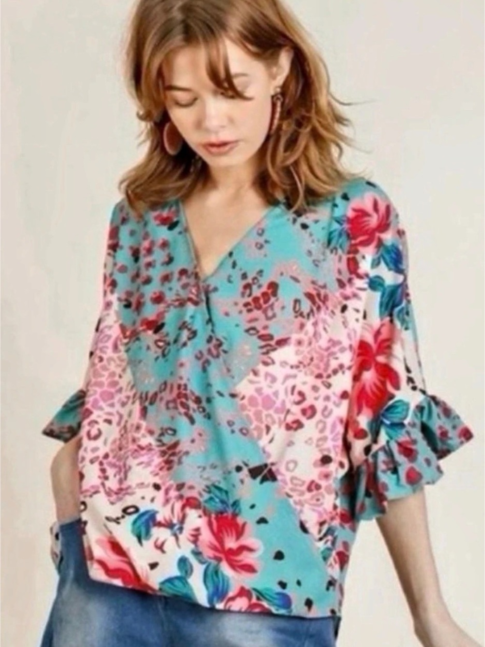 Umgee Floral Animal Print Blouse in Green & Pink Small Like New (B8)